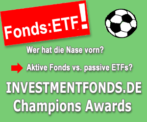 Investmentfonds.de Champions Award 2023. Wichtiger Hinweis: Die ausgezeichneten Gewinner Fonds und ETFs stellen keine Anlageempfehlungen und keine persönliche Anlageberatung dar, da die persönlichen Verhältnisse und Risikotragfähigkeit des Anlegers keine Berücksichtigung hier findet. Bei Interesse an persönlichen Anlageempfehlungen und einer Anlageberatung, die auf die persönlichen Verhältnisse und Risikotragfähigkeit abgestimmt ist, kontaktieren Sie bitte den Anlageberater oder beantragen eine unabhängige Anlageberatung auf der Internetseite https://www.investmentfonds.de, wo die einmalige Erstberatung kostenlos ist.