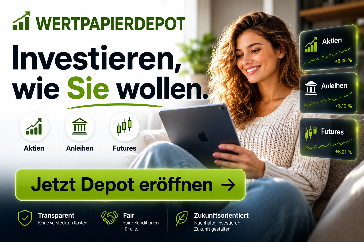 Entspannte Frau auf der Couch, die sich �ber das gut angelegte Verm�gen freut.