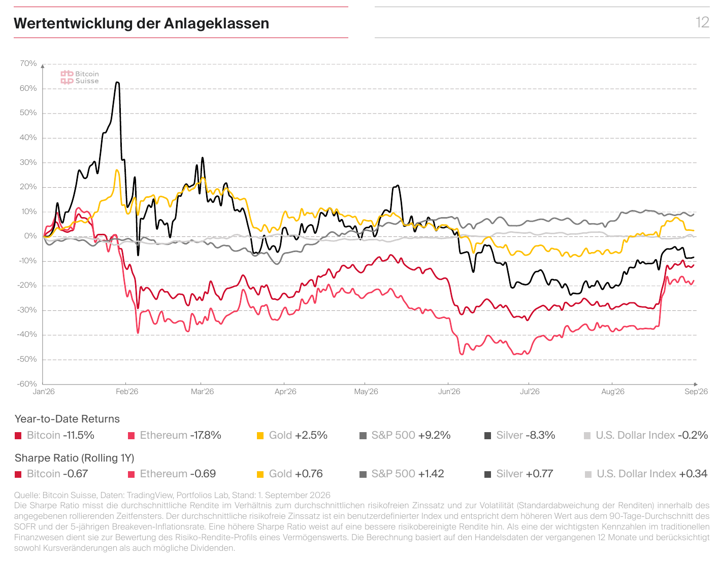 Wertentwicklung Anlageklassen: Bitcoin - Gold - US-Dollar - S&P500 - Silber